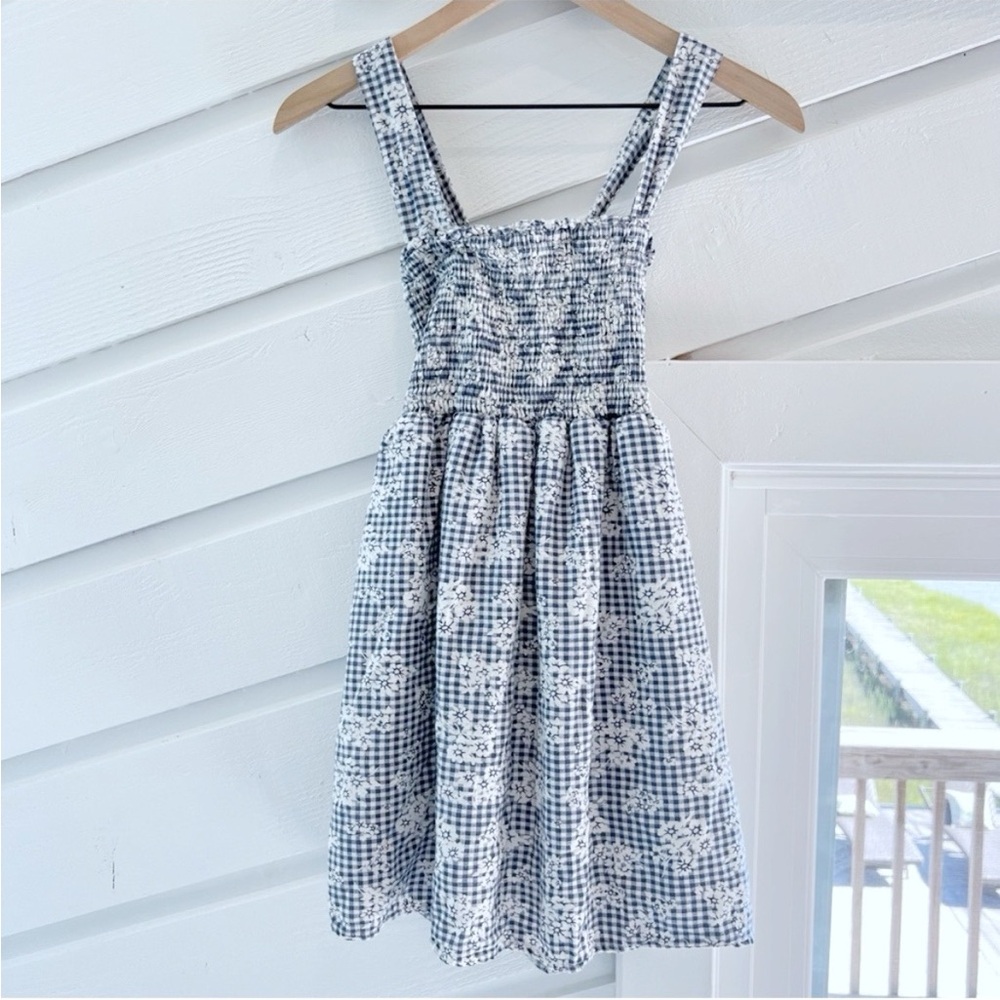 American Eagle Smocked Cross Back Mini Babydoll Dress Blue Floral Gingham XS